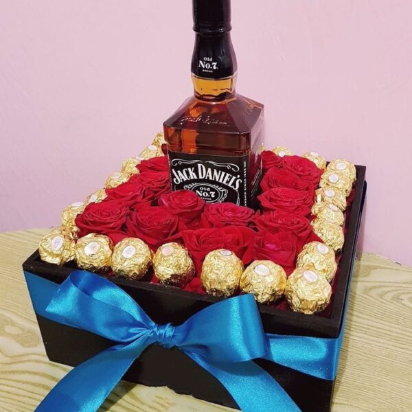 Box of Flowers with Ferrero and Jack Daniels