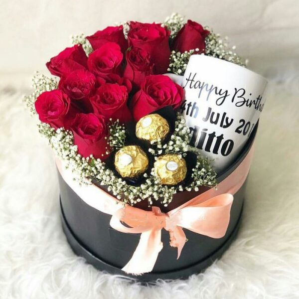 Happy Birthday Mug with Flowers and Chocolate