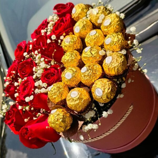 Round flowers and ferrero box.